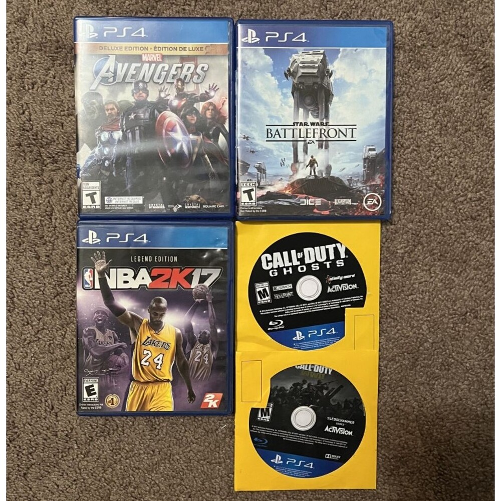 PS4, 5 GAME LOT - AVENGERS, NBA2K17, COD GHOSTS, COD WW2, STAR WARS BATTLEFRONT